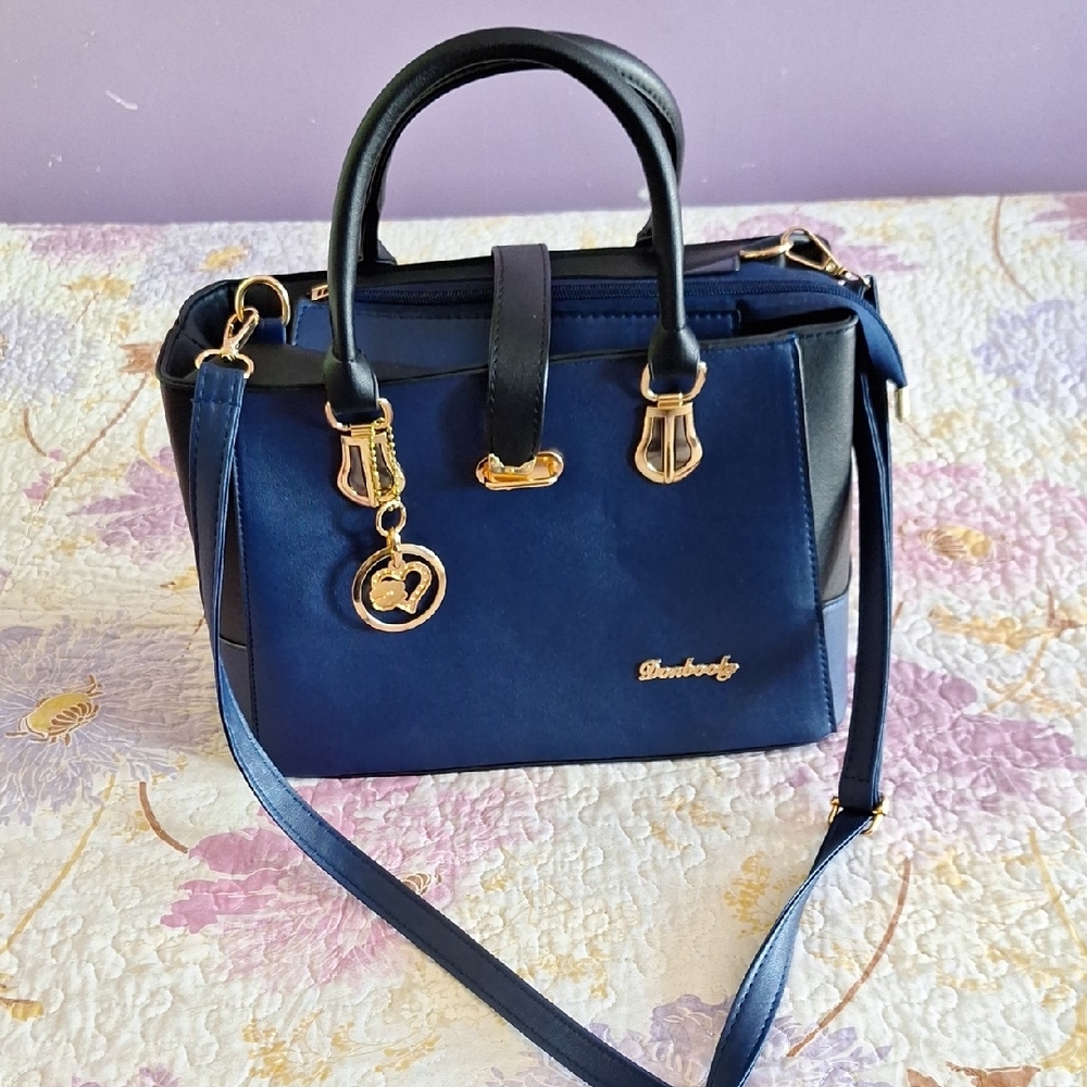 Blue and Gold Satchel with Structured Design and Gold Hardware